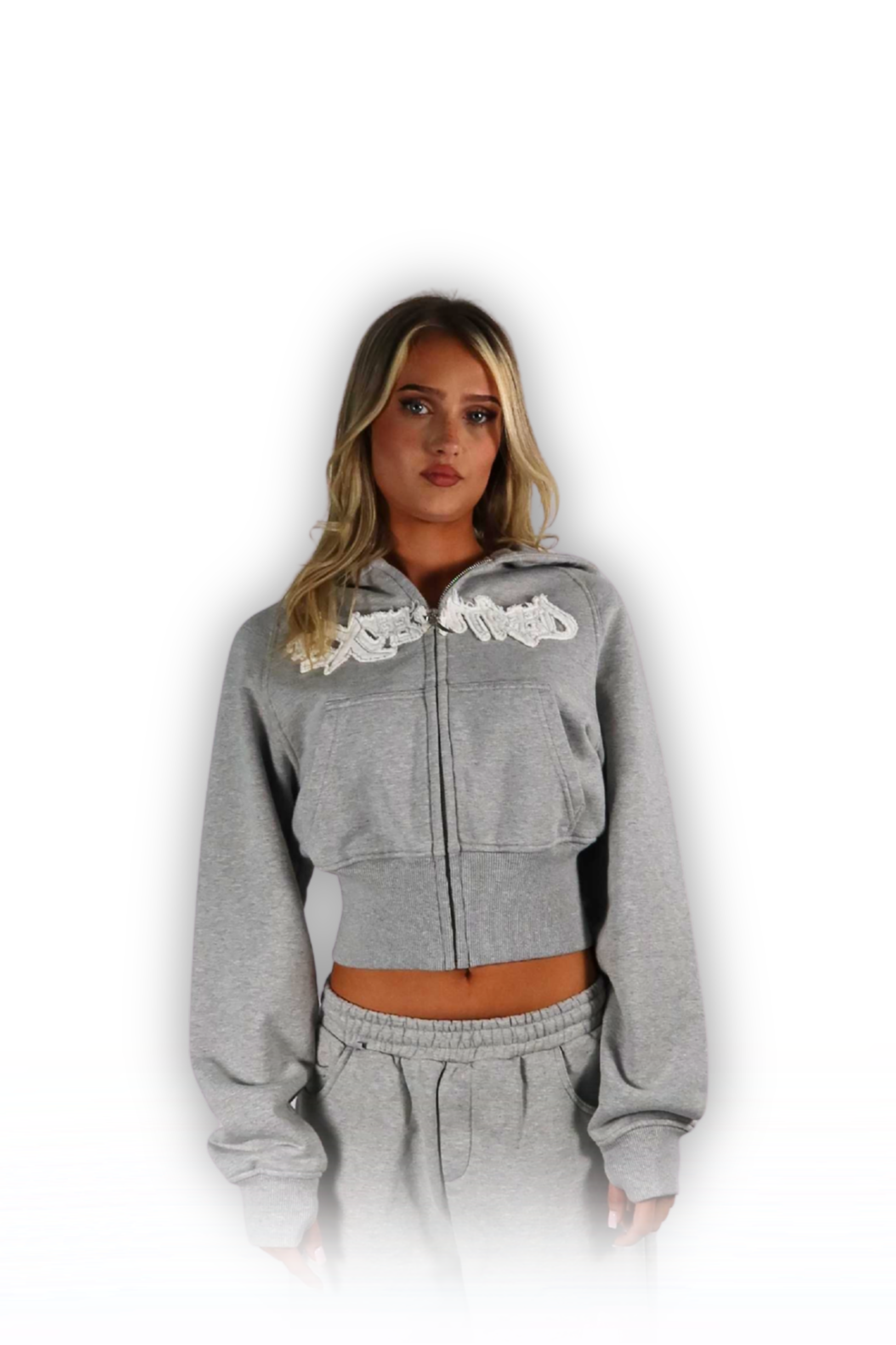 DISTRESSED CROPPED ZIP HOODIE SMOKE GREY