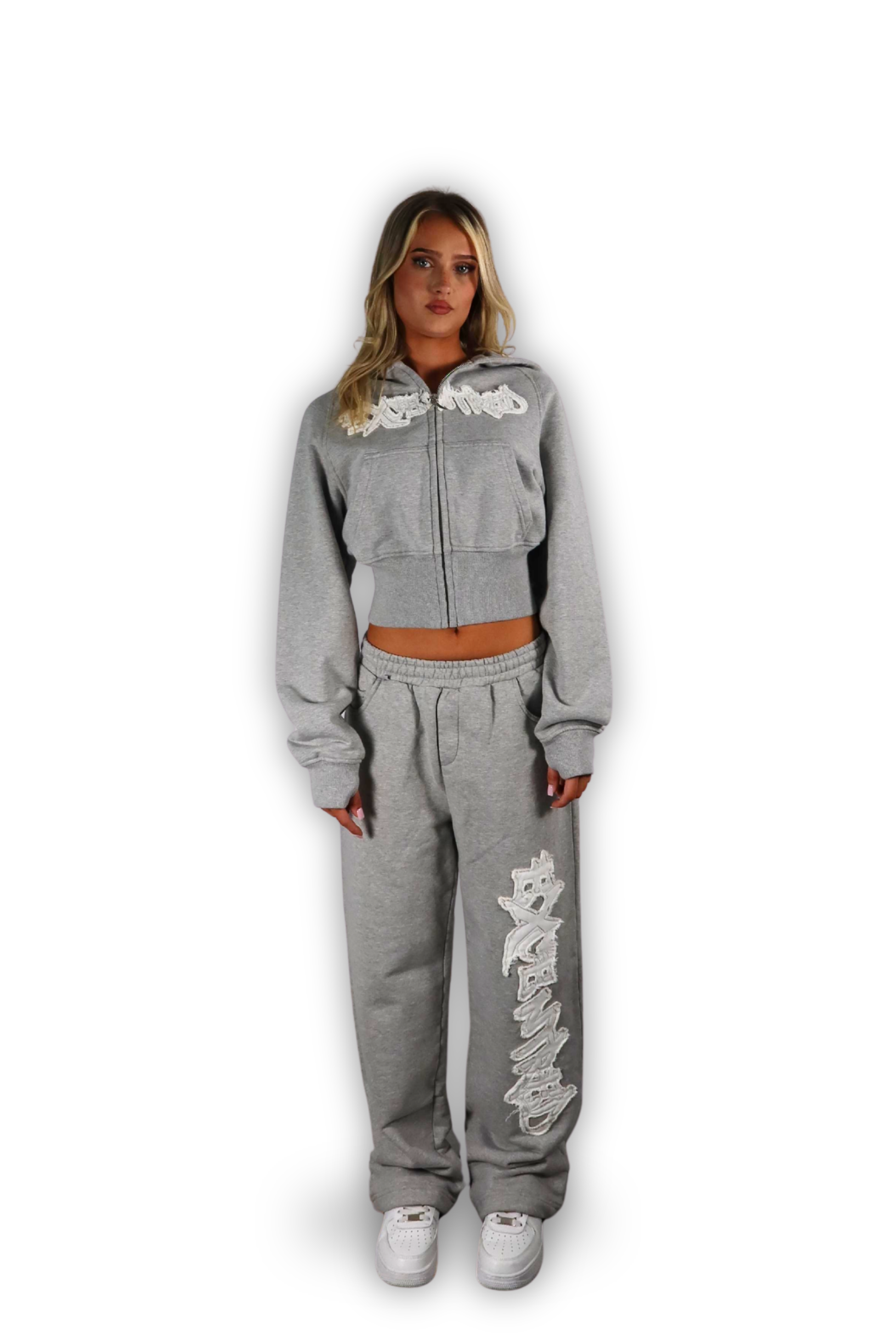 DISTRESSED CROPPED ZIP HOODIE SMOKE GREY