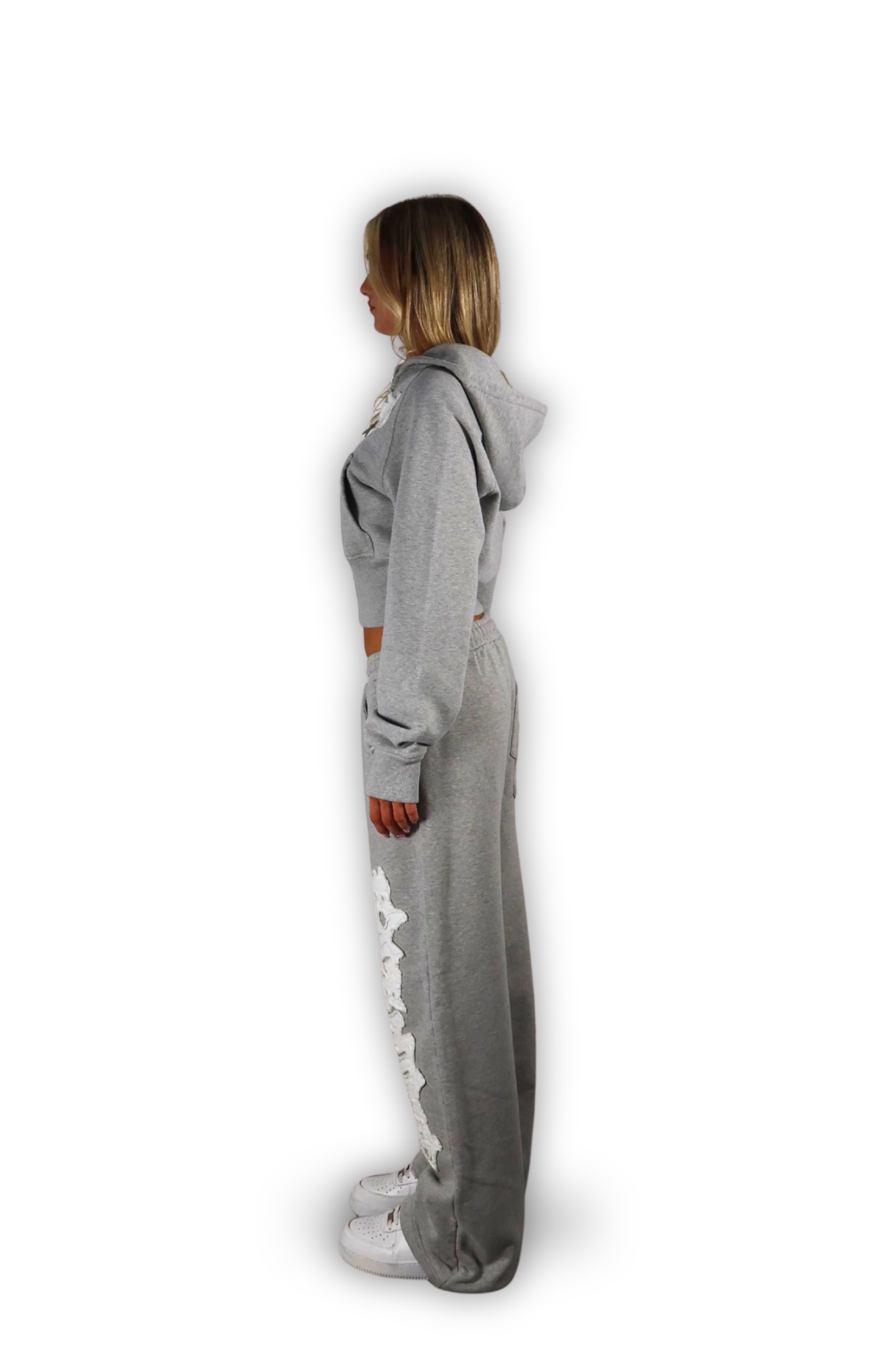 DISTRESSED CROPPED ZIP HOODIE SMOKE GREY