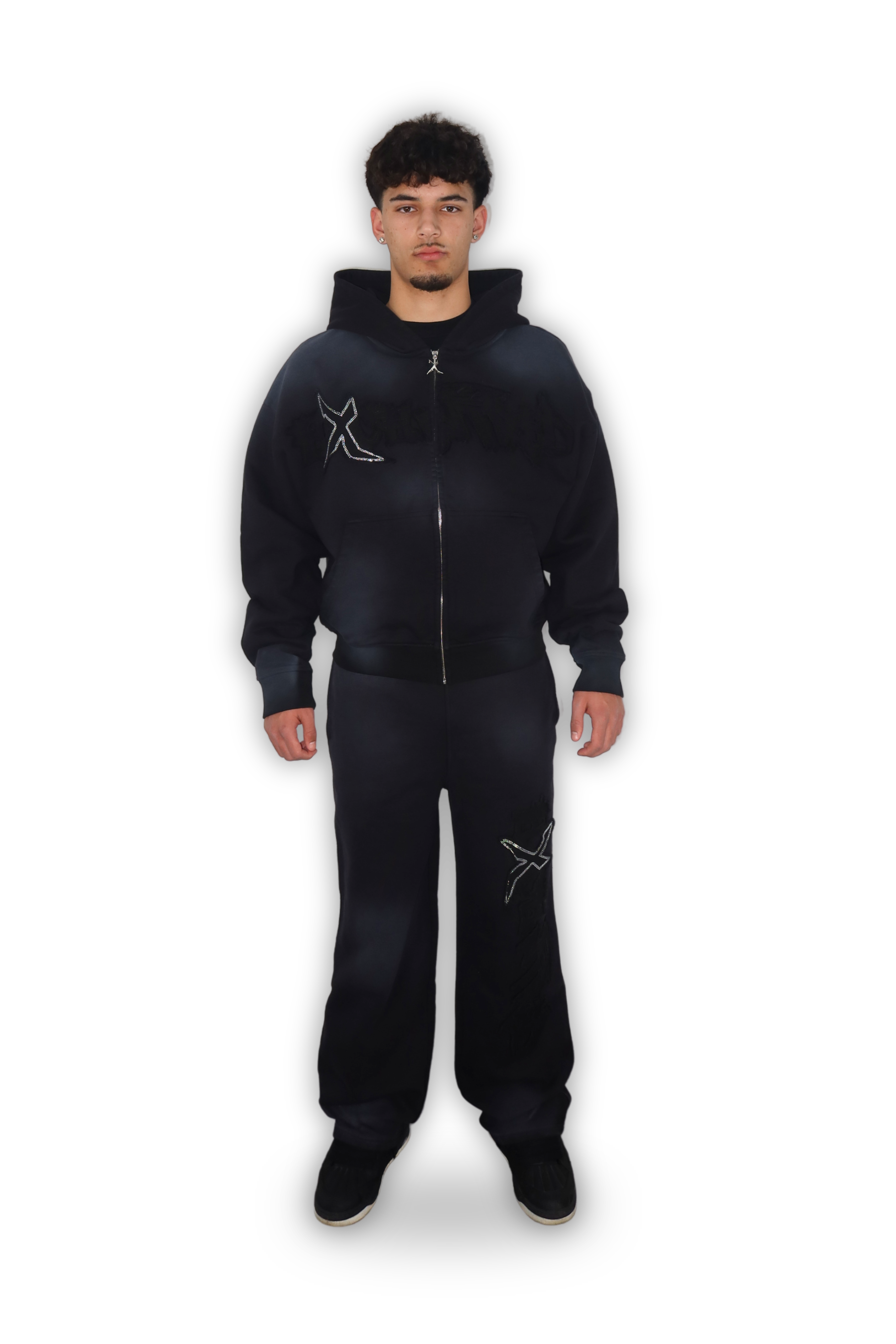 RHINESTONE ZIP HOODIE CARBON BLACK