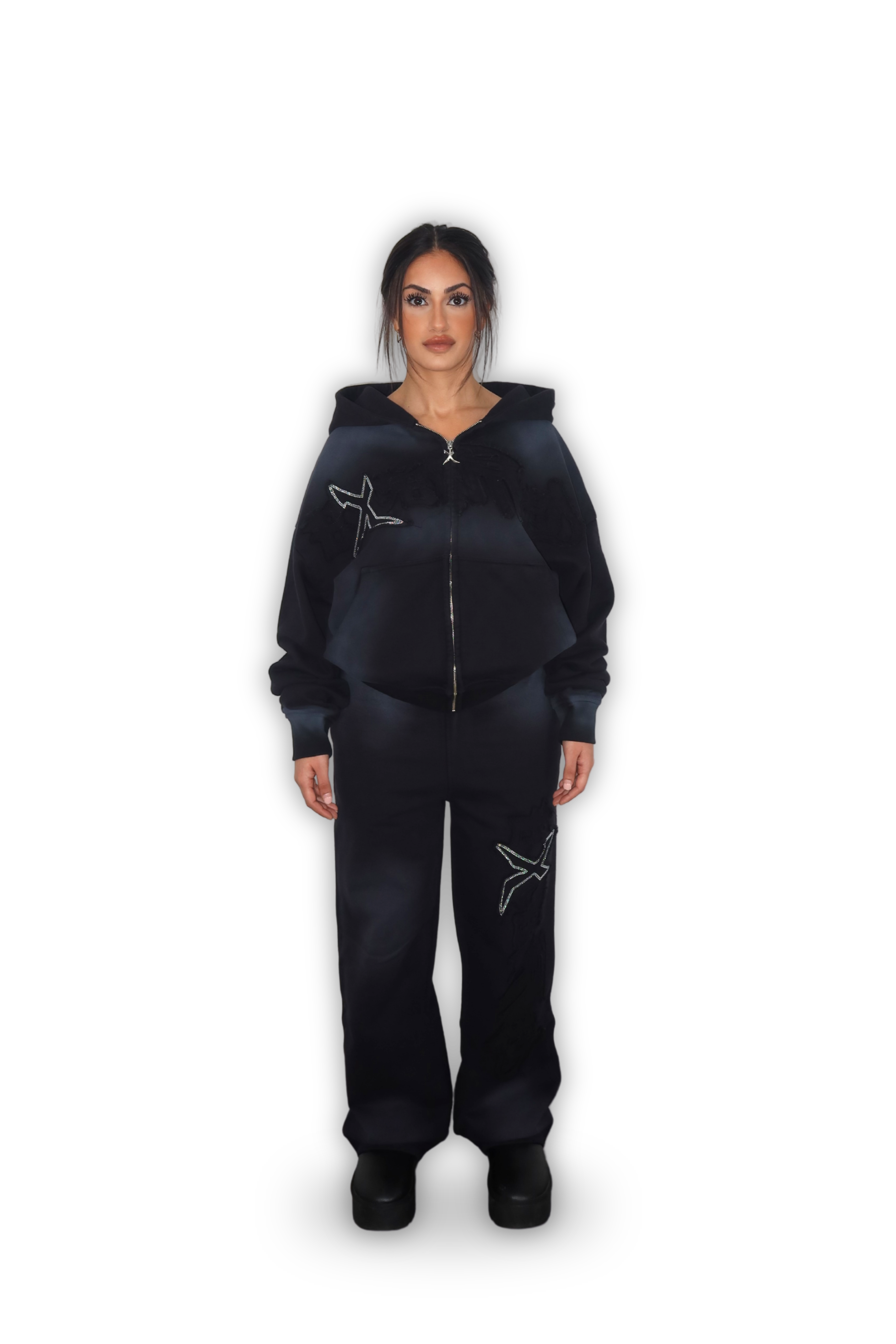 RHINESTONE ZIP HOODIE CARBON BLACK