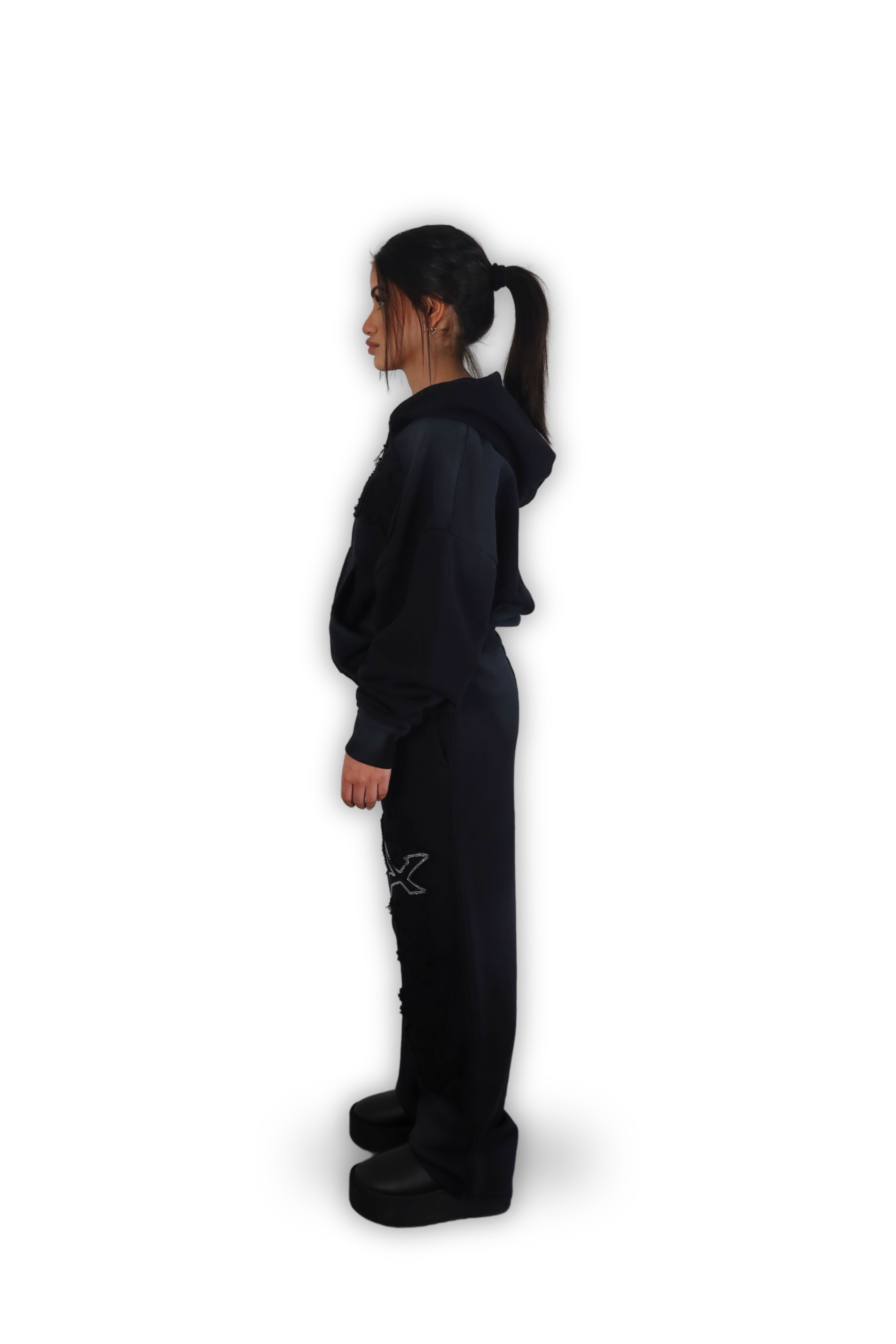 RHINESTONE ZIP HOODIE CARBON BLACK