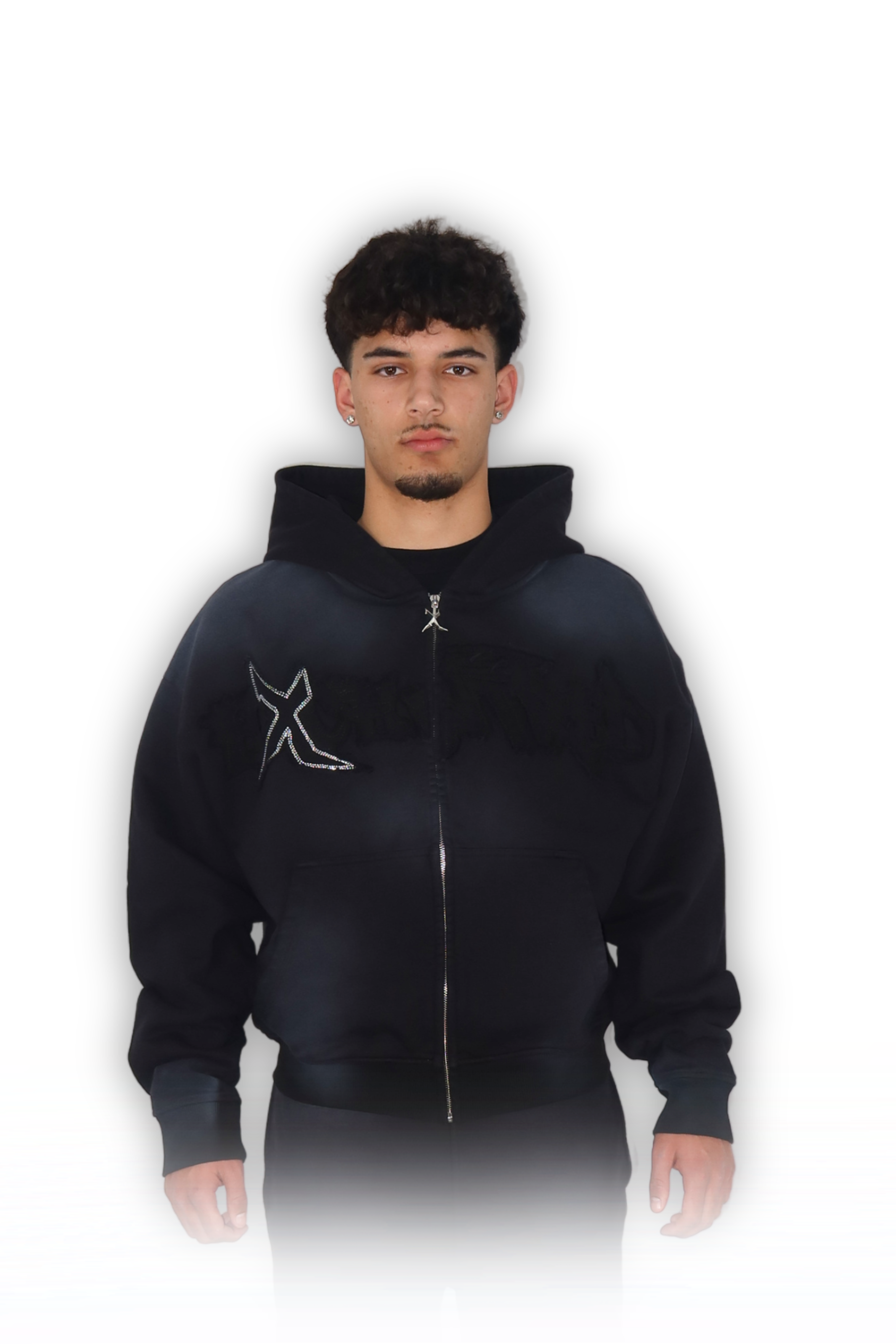 RHINESTONE ZIP HOODIE CARBON BLACK