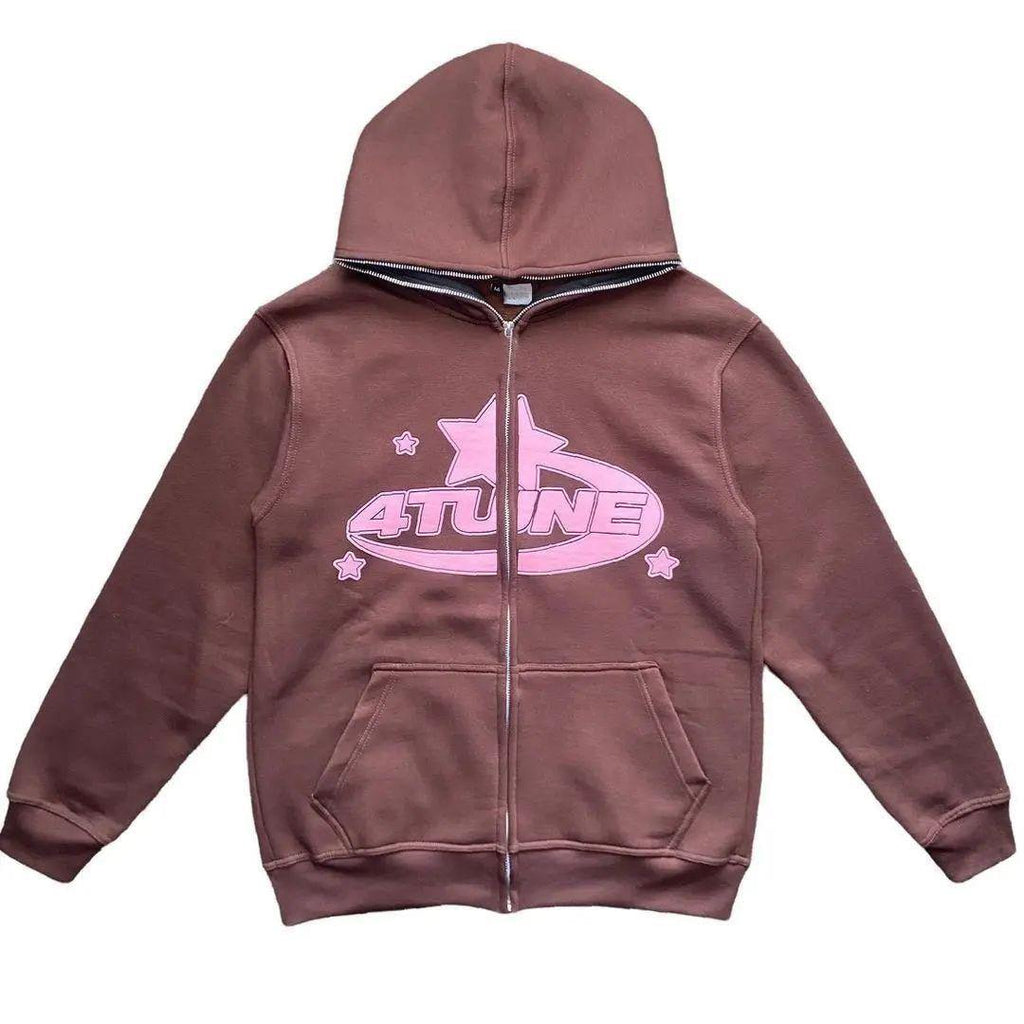 Brown full zip hoodie-y2k streetwear