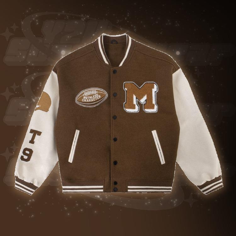 Brown varsity jacket