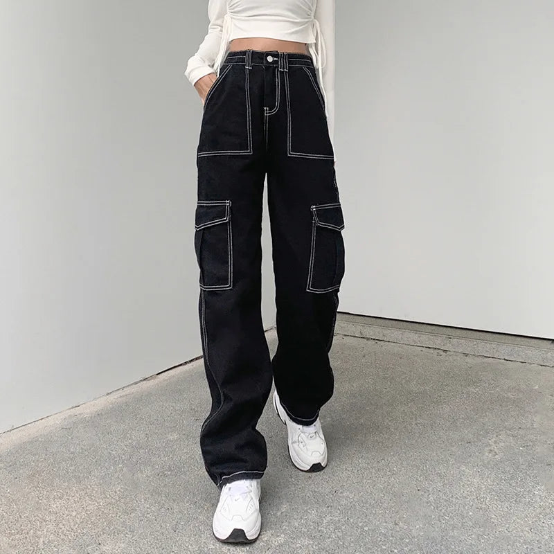 Cargo noir avec couture blanche-y2k streetwear