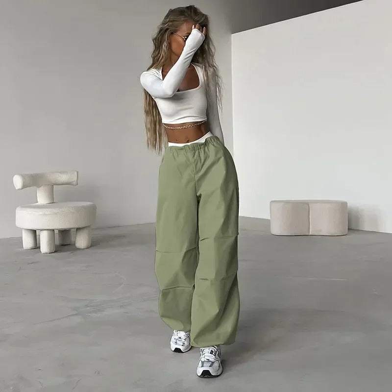 Pantalon parachute kaki-y2k streetwear