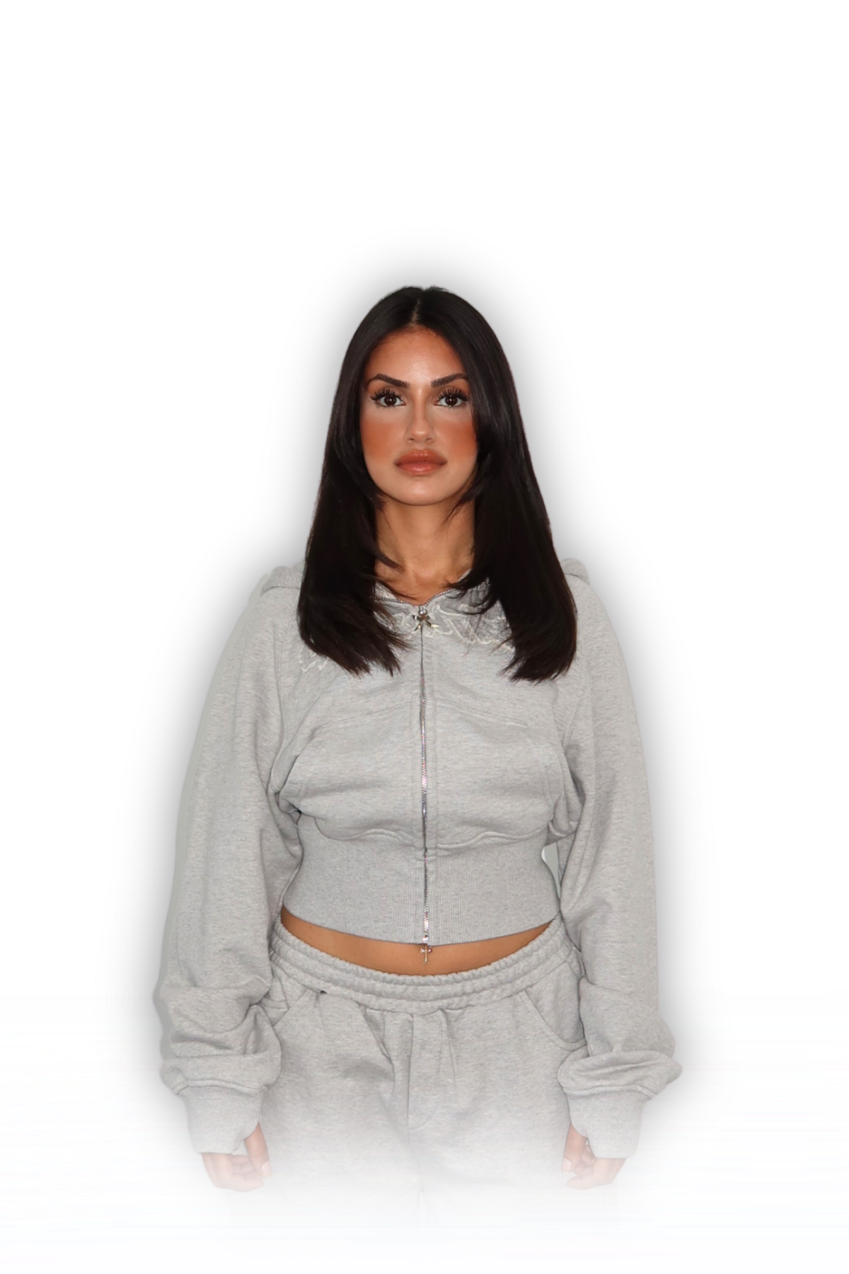 DISTRESSED CROPPED ZIP HOODIE SMOKE GREY
