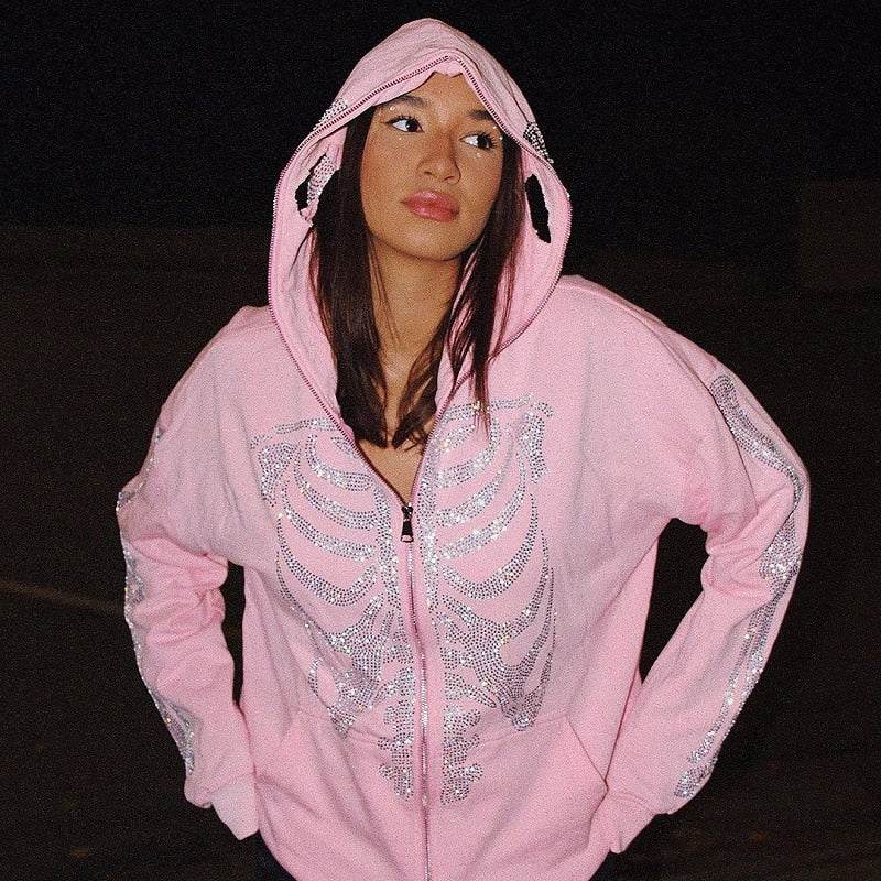Rhinestone skeleton hoodie-y2k streetwear