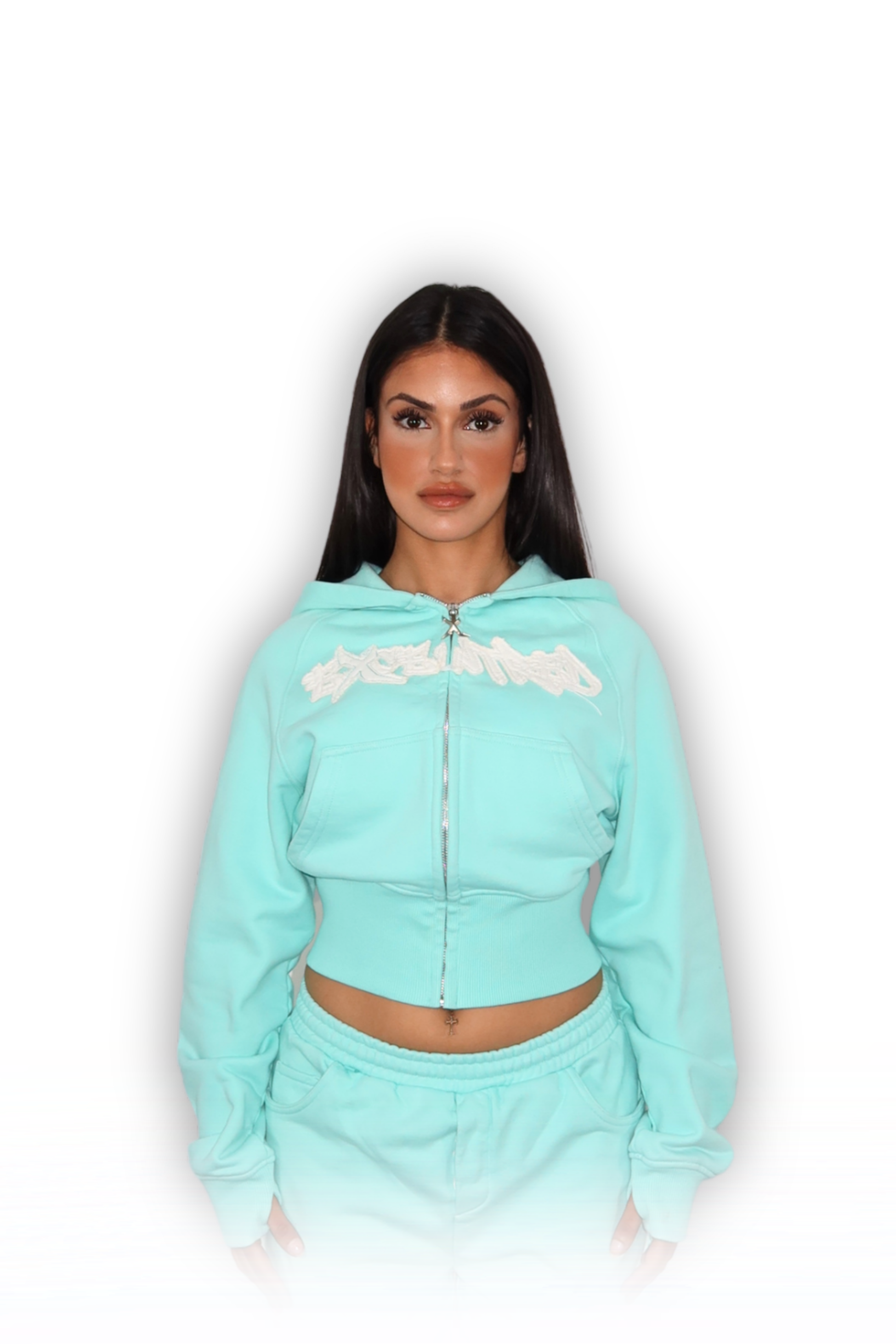 DISTRESSED CROPPED ZIP HOODIE CRYSTAL TIFFANY